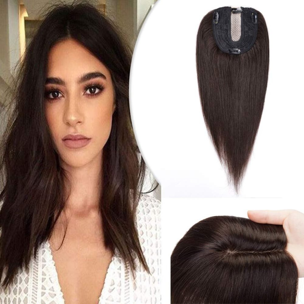 Hairro 16 Inch Silk Base Clip in Human Hair Topper for Women Dark Brown Crown